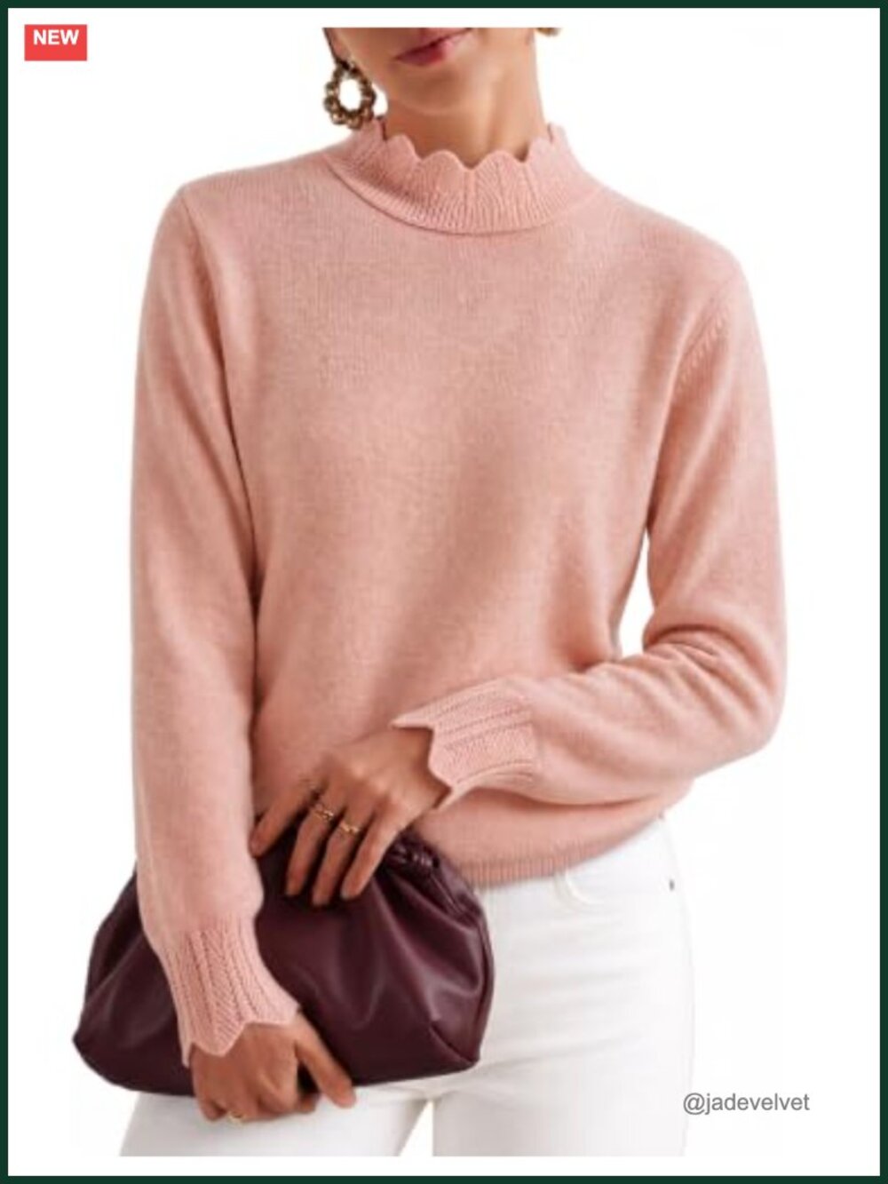 Scalloped Mock Neck Puff Sleeve Pullover Sweater for Women - Soft Stretchy Knit